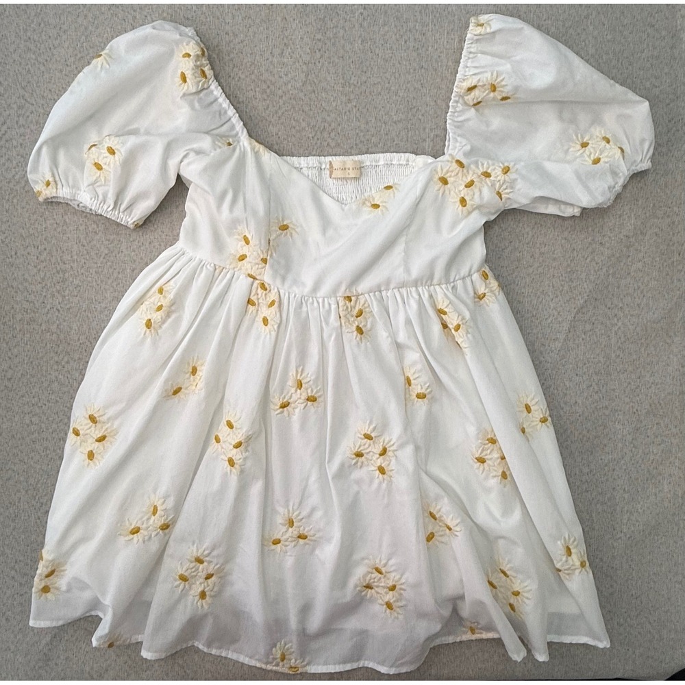 Altar'd State White Daisy Embroidered Puff Sleeve Babydoll Mini Dress Small